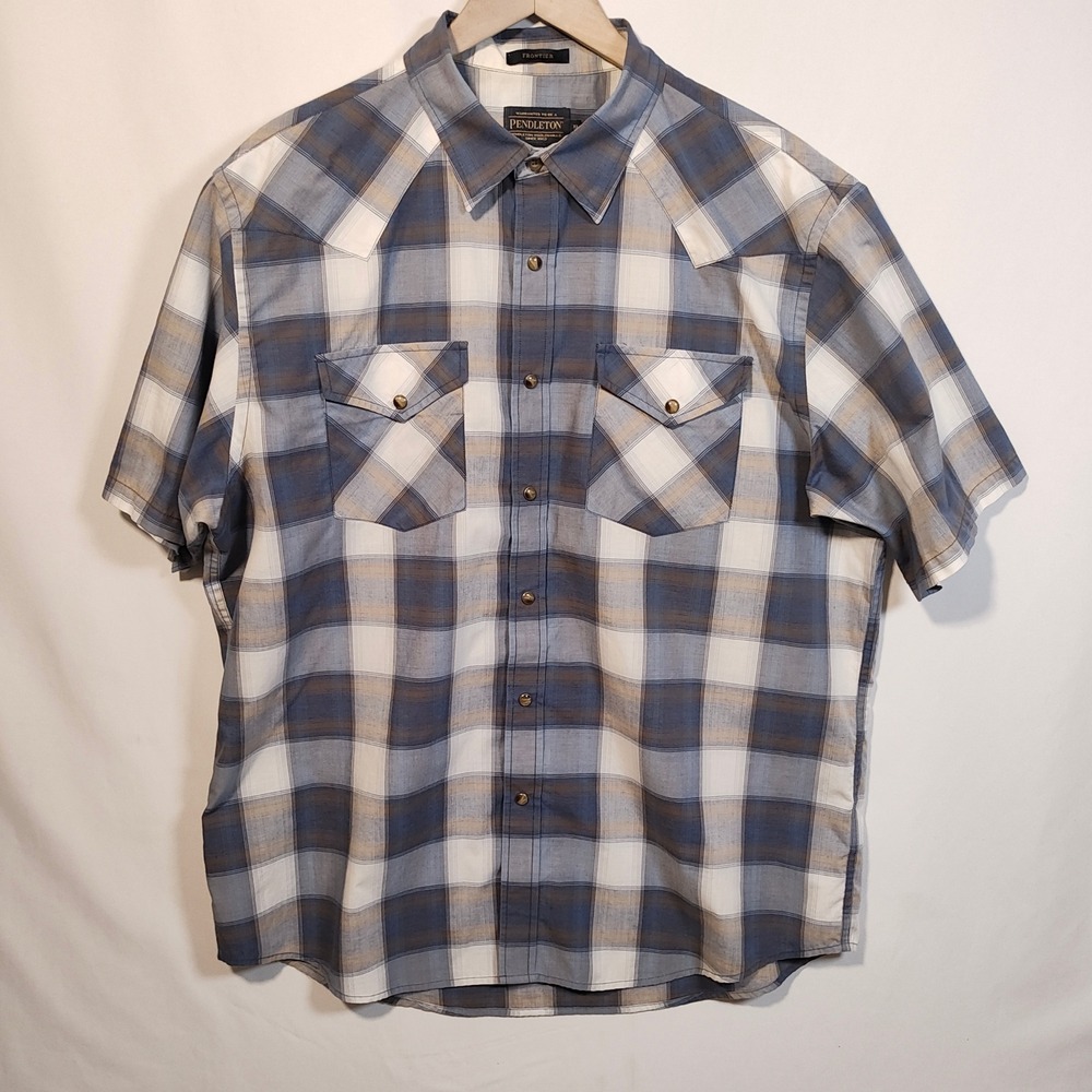 Pendleton Shirt Men's XL Blue Plaid Frontier Western Pearl Snap Short Sleeve